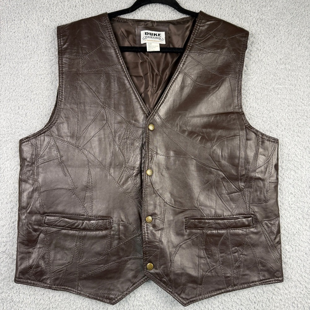 Duke Haband Mens Large Patchwork Leather Vest  Brown V Neck Button Front Vintage